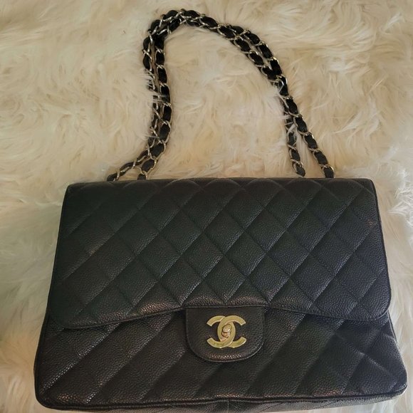 Chanel Vintage Black Caviar Tall Jumbo Classic Crossbody Flap Bag